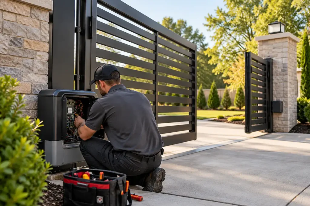 Technician repairing an automatic driveway gate motor at a residential property in Franklin, TN.