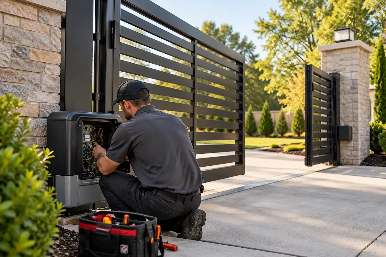 Technician repairing an automatic driveway gate motor at a residential property in Franklin, TN.