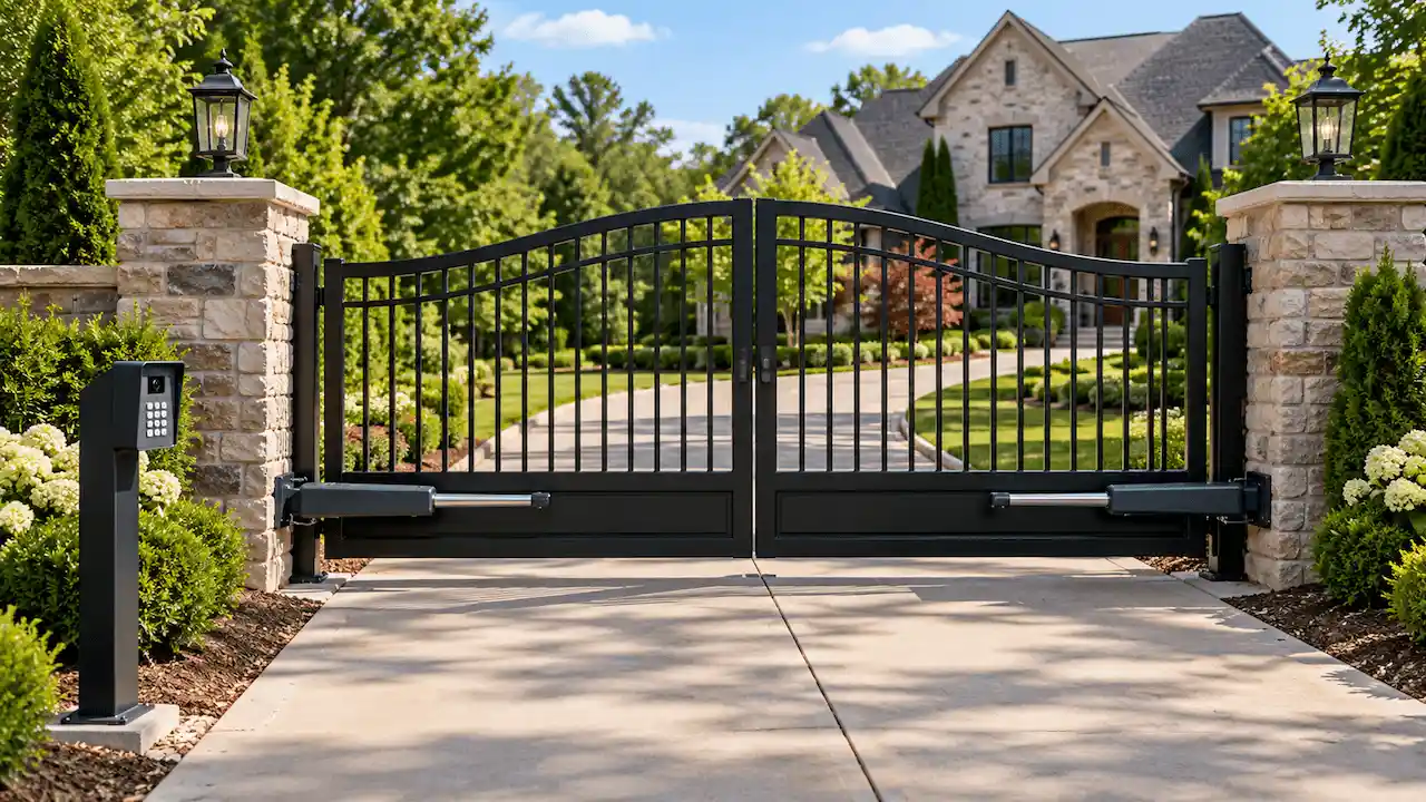 Automatic black metal driveway gate with keypad entry, electric openers, and stone pillars at a residential property in Franklin, TN.